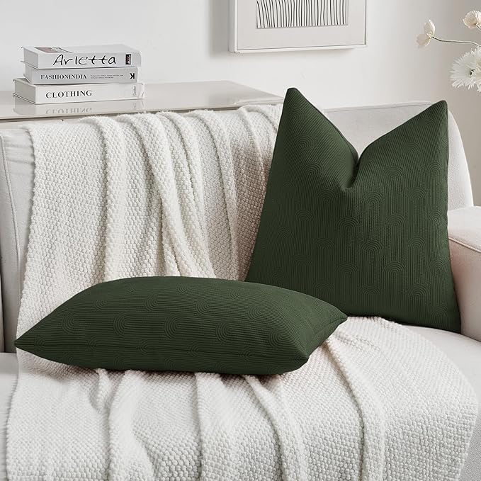 FUTEI Christmas Dark Green Chenille Decorative Throw Pillow Covers 16x16 Inch Set of 2,Soft Cozy Striped Geometric Patterns Cushion Cases,Modern Home Decor for Couch Bed Living Room