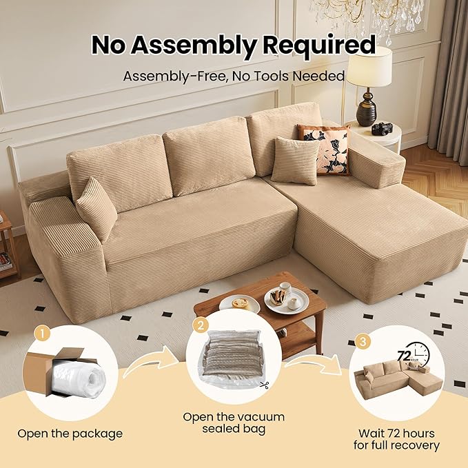 104" Cloud Sectional Couch with Chaise, Boneless L-Shaped Cloud Couch with Deep Seat, Corduroy Modern Minimalist Sofa, Assembly Free Comfy Sofa for Office Living Room Apartment(Camel, Right Chaise)