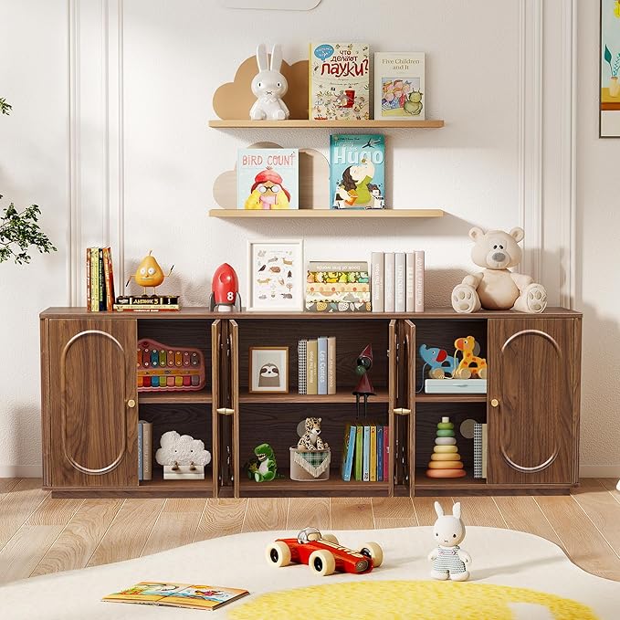 63'' Fluted Sideboard Buffet Cabinet with Storage and 6 Doors, Low Storage Cabinet Modern Wooden Accent Credenza Console Table for Kitchen Dining Living Room Entryway, (63"W*15.75"D*21.4"H) Walnut