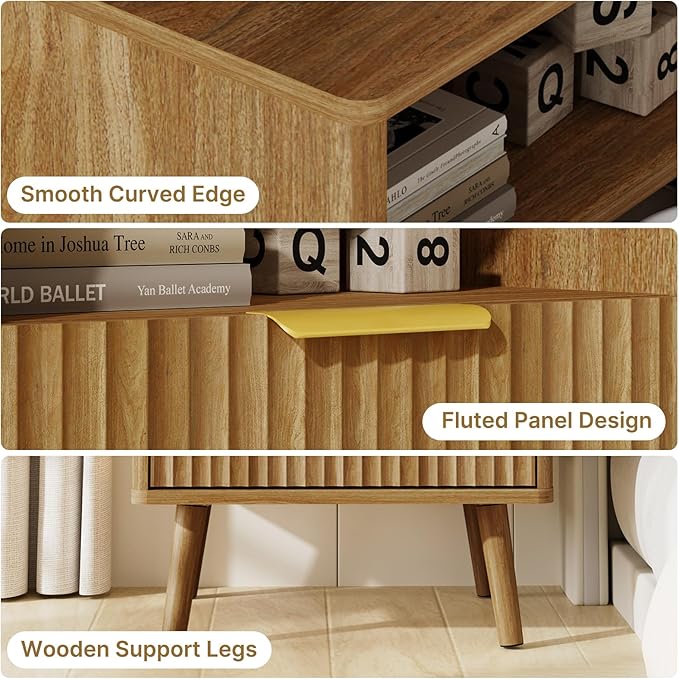 LYNSOM Fluted Dresser and Nightstand Sets 3 Piece, 5-Drawers Dresser and 1-Drawer Nightstands Set of 2, Wood Bedroom Furniture Set for Home, Bedroom, Hallway, Natural Oak