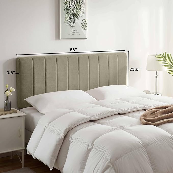 Upholstered Full Headboard - Easy Assemble Channel Stitched Headboard Full Size - Wall Mounted Headboard with 3D Soundproof Wall Panels Peel & Stick Floating Headboards for Full Size Bed - Olive Green