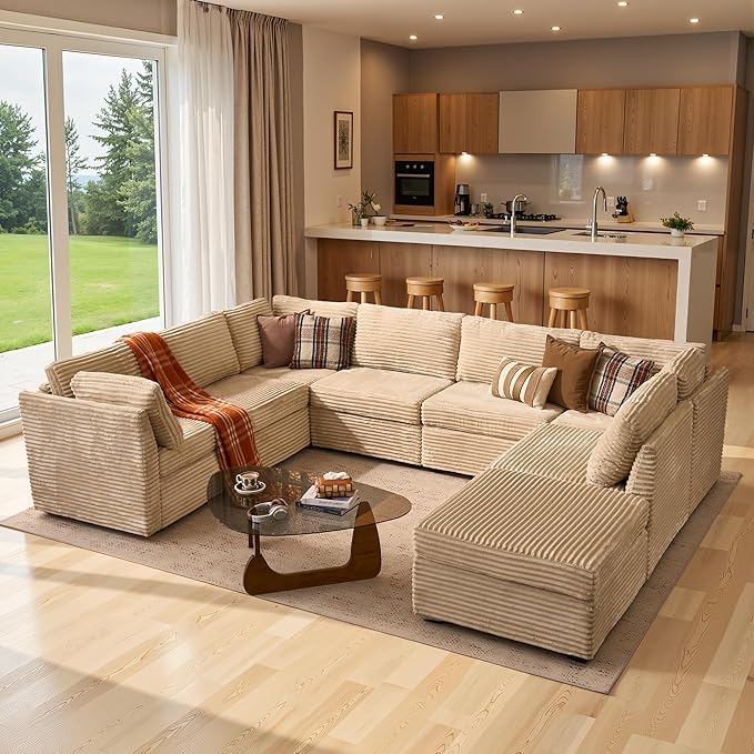 130'' Modern Modular Sectional Sofa with Ottoman, 8 Pieces U Shaped Cloud Couch for Living Room, Oversized Deep Seat Convertible Sofa Set, Plush Corduroy Beige