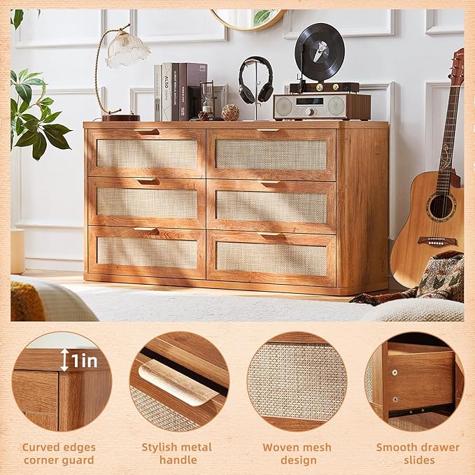 LEYAOYAO Rattan 6 Drawer Dresser for Bedroom, 54" Wide Boho Chest of Drawers, Wooden Dressers TV Stand with Metal Handle, Storage Closet Organizer for Living Room, Hallway, Tea Brown