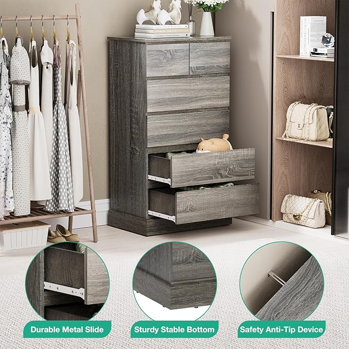 6 Drawers Dresser for Bedroom, 43.3" Tall Dressers & Chests of Drawers, Modern Wood Closet Organizer and Storage Cabinet, Gray Vertical Dresser for Office, Entryway