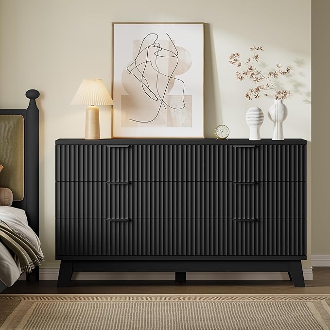 53" Long Dresser for Bedroom, 6-Drawer Dresser with Fluted Fronts, Wide Wood Chest of Drawers, Smooth Metal Slides, Stable Base, Modern Clothes Storage Cabinet for Living Room, Hallway