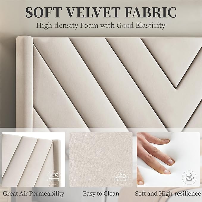 Yaheetech Full Bed Frame Upholstered Platform Bed with Wing Side Tufted Headboard/Sturdy Wooden Slat Support/No Box Spring Needed/Mattress Foundation,Beige Full Bed