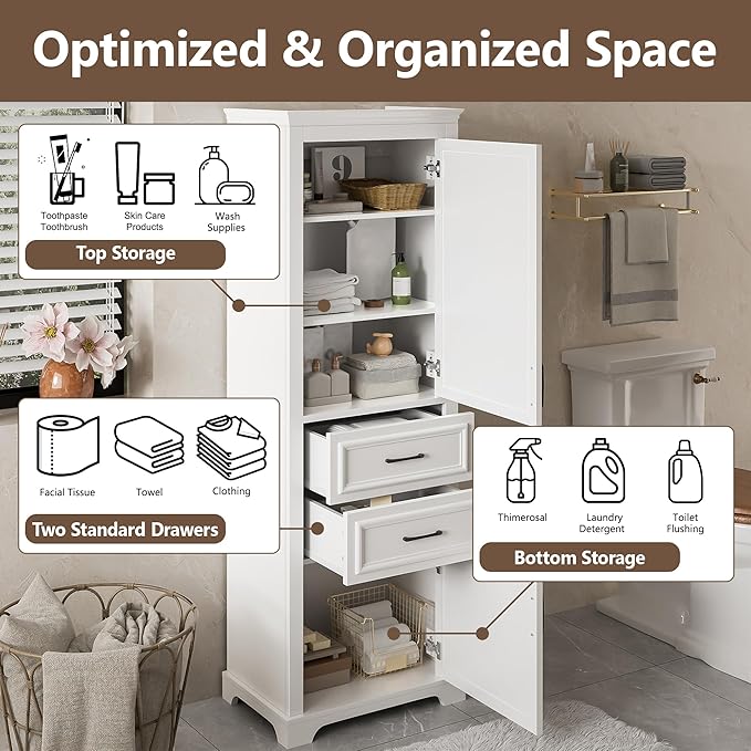 Tall Freestanding Storage Cabinet with 2 Doors & 2 Drawers, Multi-Purpose Organizer with Adjustable Shelf for Bathroom, Office, Living Room, White