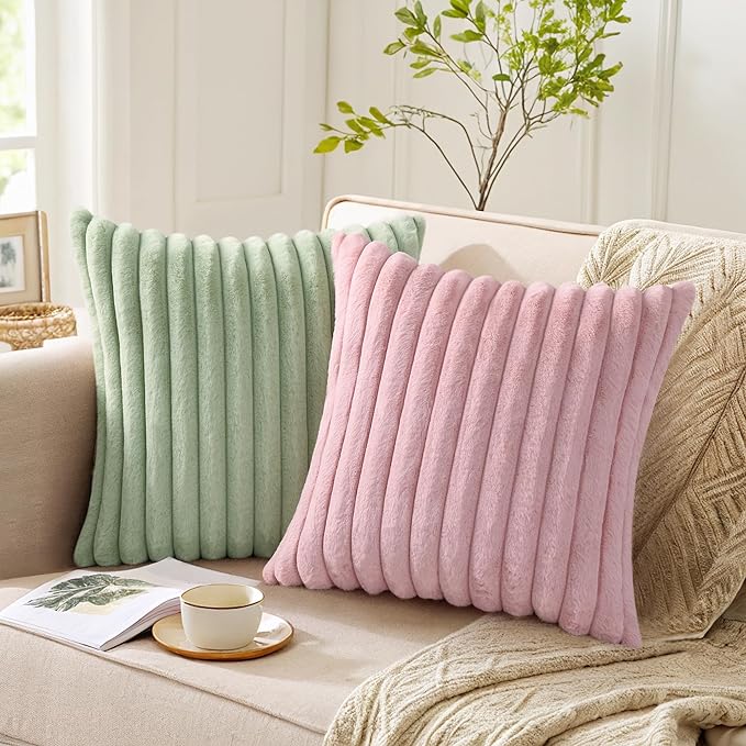 Pallene Faux Fur Plush Lumbar Throw Pillow Covers 12x20 Set of 2, Luxury Soft Fluffy Striped Decorative Pillow Covers for Sofa, Couch, Living Room, Sage Green
