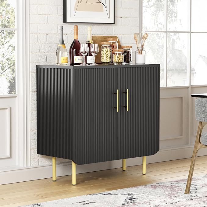 Set of 2 Fluted Black Storage Cabinets, Modern 2-Door Sideboard Buffet Cabinet with Adjustable Shelves and Metal Legs, Accent Cabinet for Kitchen, Living Room, Entryway (Black)
