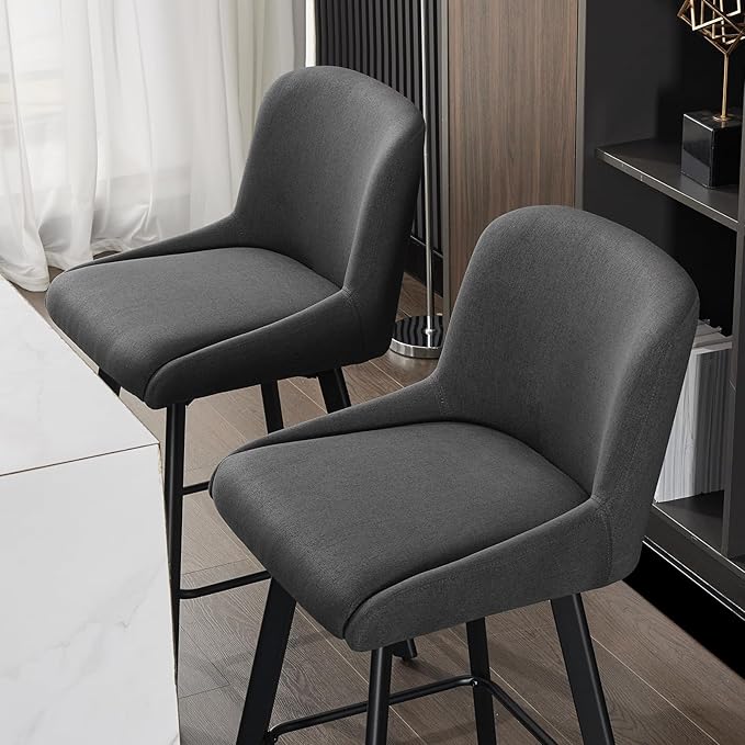 Swivel Counter Height Bar Stools Set of 2, 30''H Upholstered Barstools with Backs, Modern Bar Stool Chairs for Kitchen Island, Metal Legs, Fabric, Black Grey Stools Counter Chair