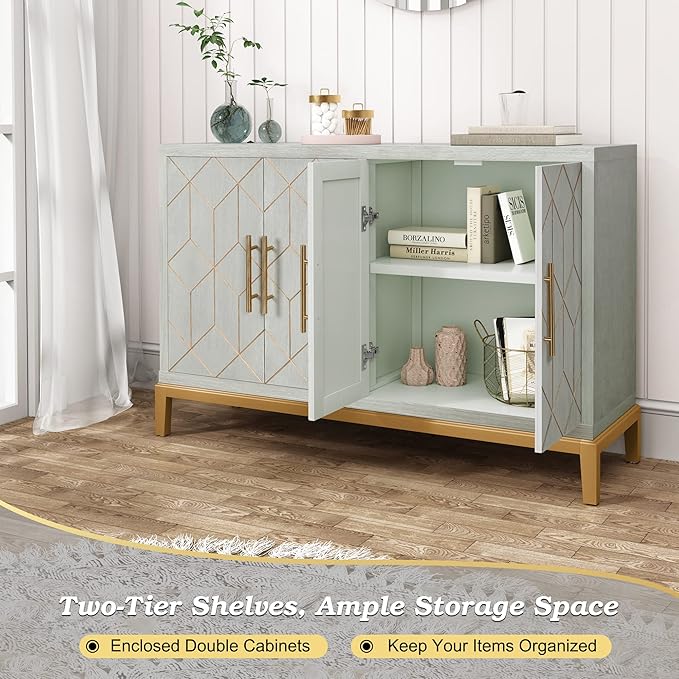 HLR 48" Accent Cabinet with 4 Doors and Shelves, Modern Credenza Storage Cabinet with Gold Trim, Green Buffet Cabinet for Living Room, Kitchen, Dining Room, Hallway