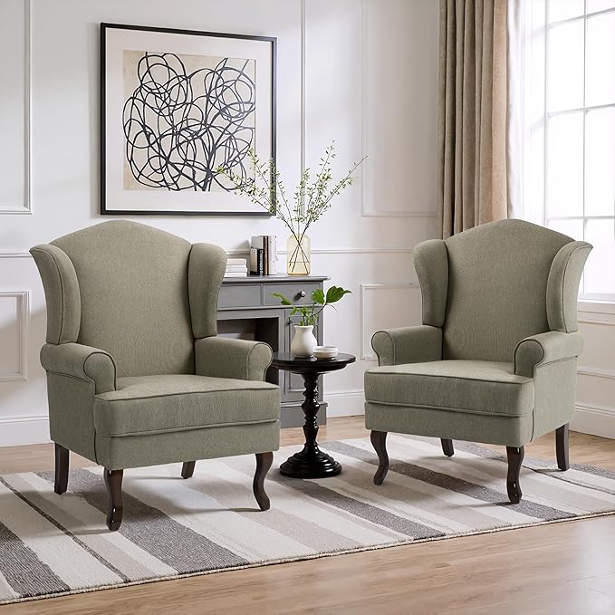 Pia Ricco High Back Floral Accent Chair, Upholstered Fabric Armchair with Solid Wood Legs - Retro Living Room Reading Chair, Comfortable Single Sofa Seat-Moss Grey