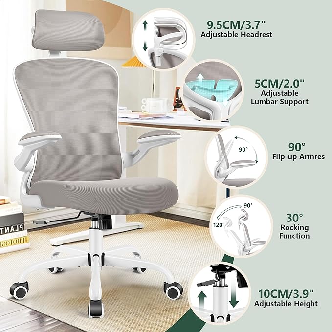 FelixKing Ergonomic Office Chair, Headrest Desk Chair with Adjustable Lumbar Support, Home Office Swivel Task Chair with High Back and Armrest, Adjustable Height Gaming Chair (Gray)
