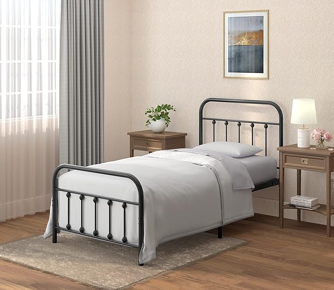 Golden Gate Beds Vintage Wrought Iron Bed Frame with Classic Metal Platform Base, Headboard and Footboard, No Box Spring Needed, Easy Assembly, Mattress Base, Noise-Free, Sleek Black Finish, Twin Size