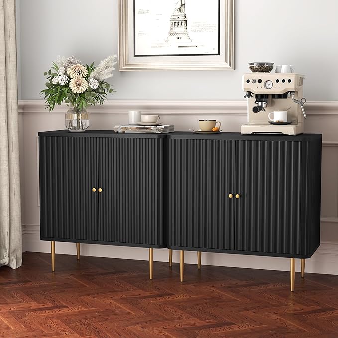 HLR Sideboard Buffet Cabinet with Fluted Texture, Black Accent Cabinet with 2 Doors, Modern Credenza Storage for Kitchen Living Room, Entryway (Black, 1Piece)
