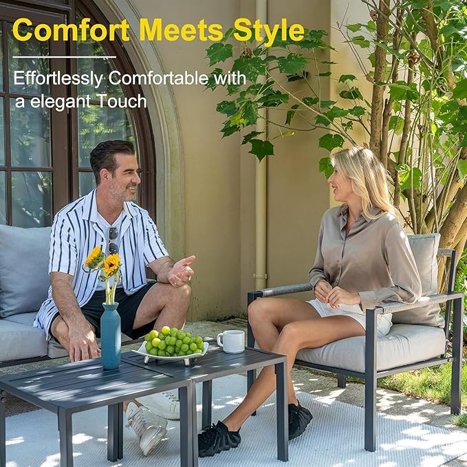 Metal Patio Furniture Set w/Fire Pit Table, 6-Piece Patio Set with 5-Inch Thick Cushions, Outdoor Furniture Set for Garden, Backyard, Balcony, Poolside (Warm Grey)