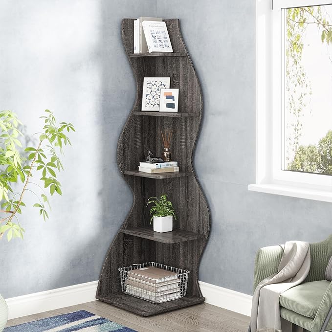 Tribesigns Corner Shelf, Modern 5-Tier Wall Corner Bookshelf, Stylish Corner Small Bookcase Storage Rack Plant Stand with Unique Shape for Living Room, Home Office