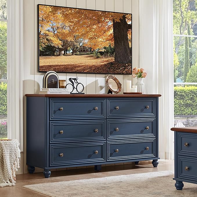 6 Drawers Dresser for Bedroom, Farmhouse 54" Wide Wood Dressers Chest of Drawers, Vintage Design TV Stand, Rustic Storage Dresser Organizer with Metal Handle Closet for Living Room, Hallway
