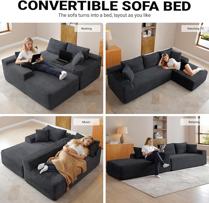95 Inch Cloud Sectional Couch,Modular Sectional Sofa with Deep Seat,Modern Corduroy Boneless Couches with L-Shape Chaise for Living Room Bedroom,No Assembly Required (Black, Right Facing Chaise)