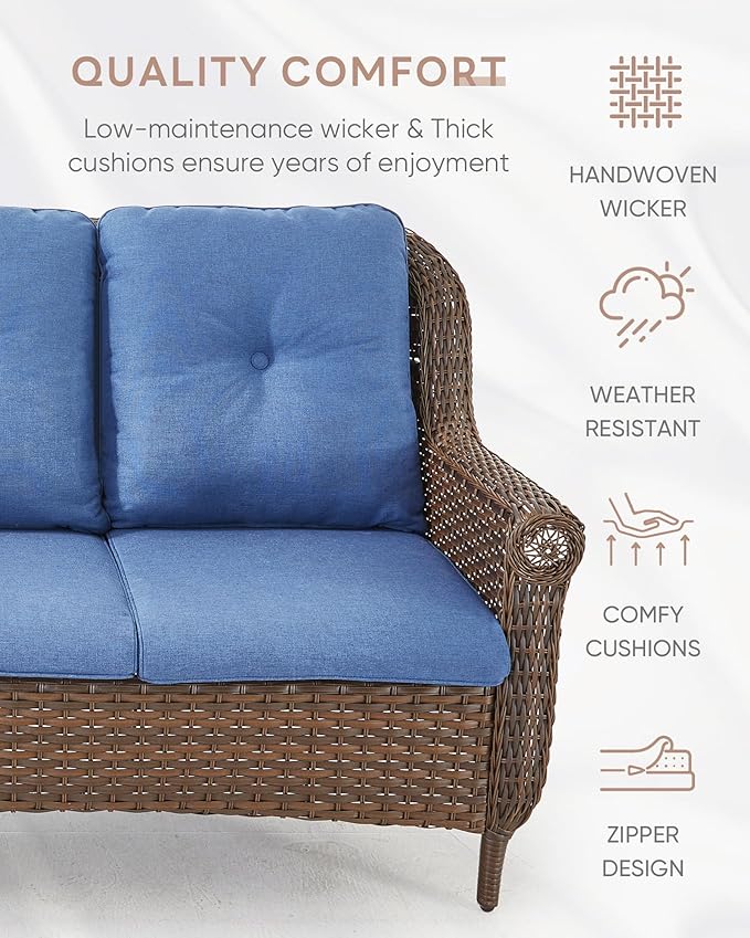 Patio Couch Outdoor Wicker Sofa - Heavy Duty All-Weather Brown Rattan 3-Seater with High Back and Comfortable Thick Cushions for Garden Back Porch Poolside Apartment - Navy Blue