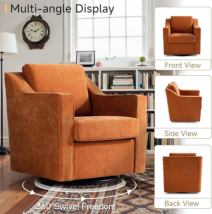 Pia Ricco 360° Swivel Accent Chair, Plush Oversized Chenille Fabric Armchair with Removable Cover for Living Room and Reception,Orange