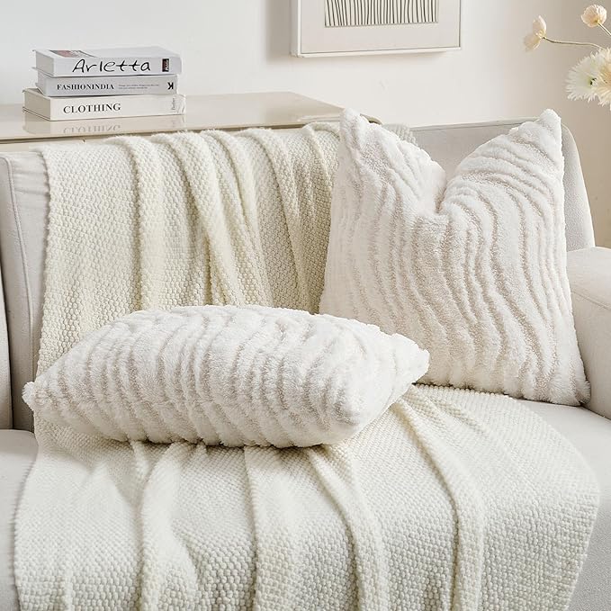 FUTEI White Decorative Throw Pillow Covers 22x22 Inch Set of 2,Soft Faux Fur Geometric Shapes Texture Cushion Case,Boho Home Decor for Couch Bed Living Room