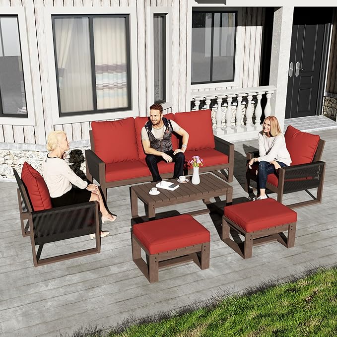 6 Piece Patio Furniture Set with 3-Seat Sofa, 2 Porch Armchairs, 2 Ottoman and 1 Coffee Table Wicker Outdoor Conversation Set for Garden, Terrace, Porch, Balconies, Lawns