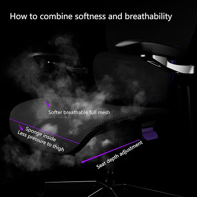 Ergonomic Office Chair, Mesh Home Office Desk Chair with Adjustable Lumbar Support, Big and Tall Gaming Chair with 4D Headrest, 5D Armrest,90-130°Tilt, BIFMA Certified, Model Zen (Purple)