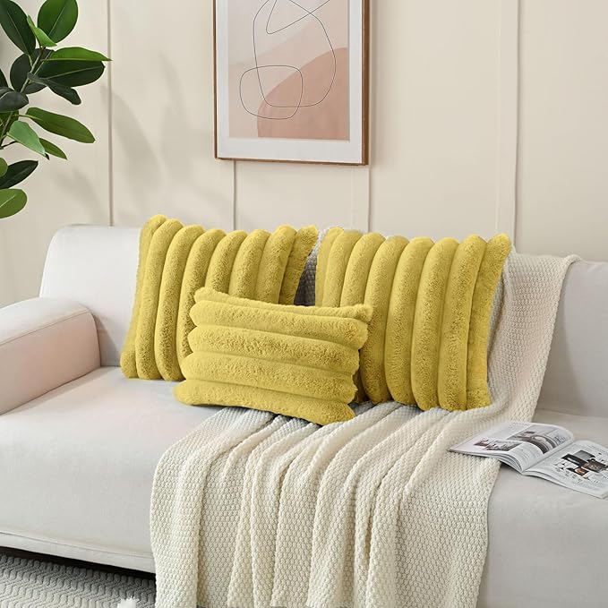 FUTEI Mustard Yellow Decorative Throw Pillow Covers 18x18 Inch Set of 2, Square Soft Faux Rabbit Fur Big Striped Cushion Cover,Home Decor for Couch Sofa Bed Living Room