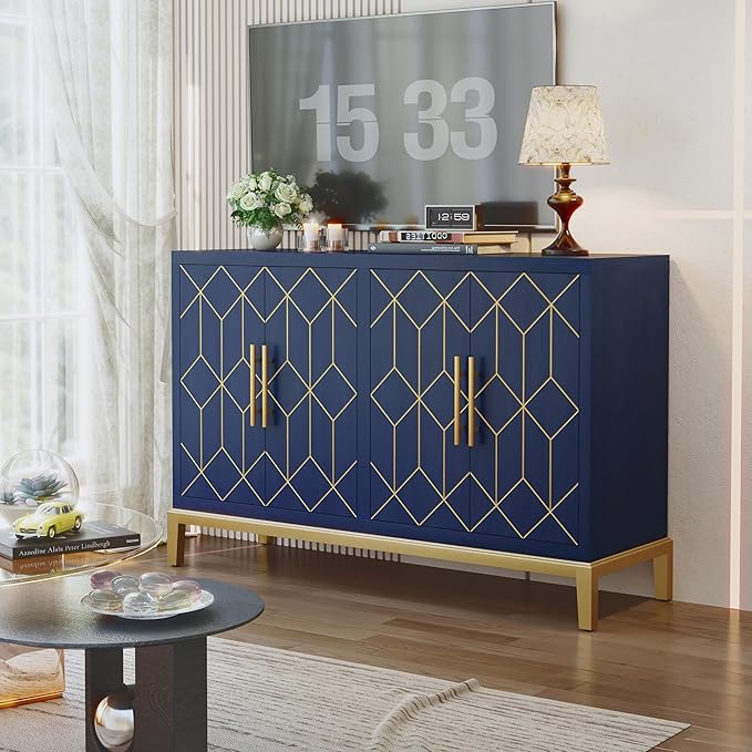 HLR 48" Accent Cabinet with 4 Doors and Shelves, Modern Credenza Storage Cabinet with Gold Trim, Sideboard Buffet for Living Room, Kitchen, Dining Room, Hallway, Blue
