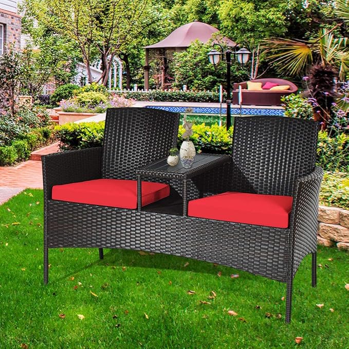 COSTWAY 2-Seat Patio Conversation Sets, Outdoor Patio Loveseat Set with Removable Cushions & Built-in Coffee Table for Backyard, Garden, Lawn, Balcony, Brown+Red