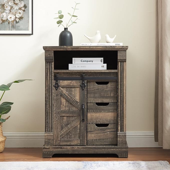 Bathroom Floor Cabinet, Farmhouse Storage Cabinet with Sliding Barn Door, Small Storage Cabinet with Drawer for Bathroom, Kitchen, Living Room, Rustic Style Cabinet (Dark Rustic Oak)