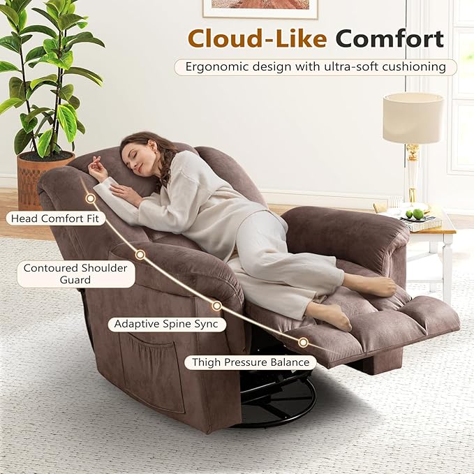 ANJ Rocker Recliner Chair Oversized Manual 360° Swivel Recliners Comfy Glider Rocking Chairs for Big Man Extra Wide Overstuffed Reclining Chair for Living Room, Camel