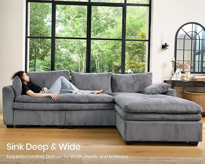 Belffin Large Modular Sectional Sofa with Double Deep Chaise, 104" Corduroy U Shaped Couch with 9" Soft Dual-Layer Seats Cushion Sectional Couches for Living Room, Apartment, Light Grey