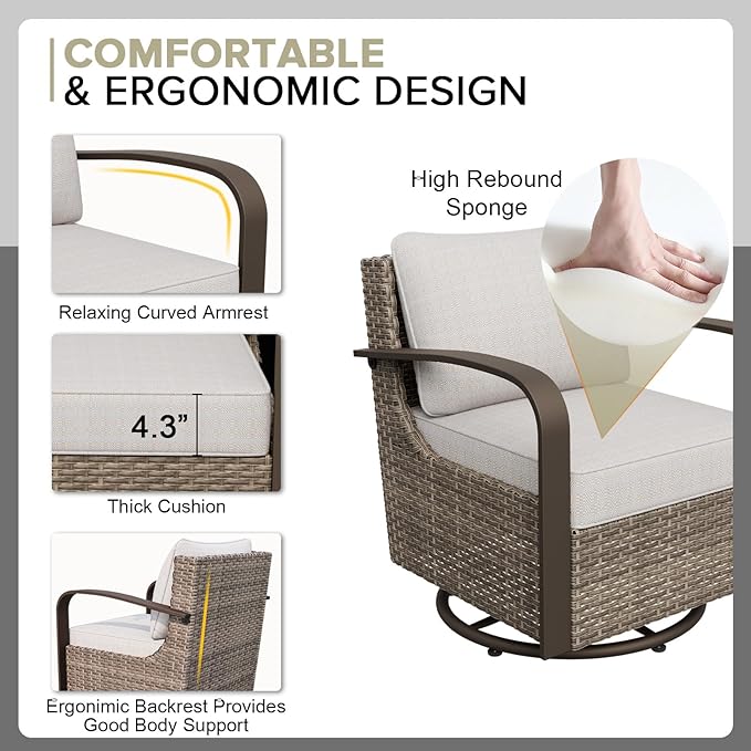 COOS BAY Aurora Terrace Half-Moon Outdoor Furniture Set, Rattan Conversation Set with Swivel Rockers, Curved 5-Seat Sofa, Coffee Table & Side Table, Seats 7, Beige/Beige