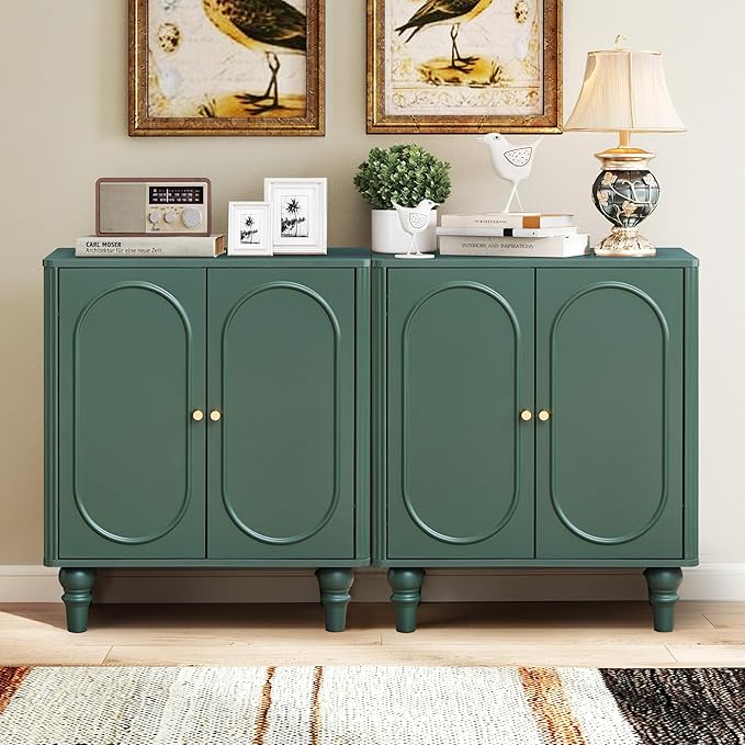ORRD Fluted Storage Cabinet, Modern Credenza Wooden Accent Sideboard Buffet Cabinet with Adjustable Shelves and Solid Wood Legs, Console Table for Kitchen Dining Living Room Entryway, Green