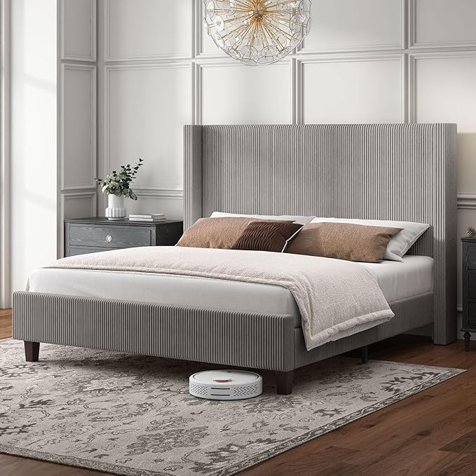 HOWE Queen Size Upholstered Platform Bed Frame, Wingback Bed with 50.8" Headboard, Corduroy/Solid Wood Leg/No Box Spring Needed/Noise Free/Taupe