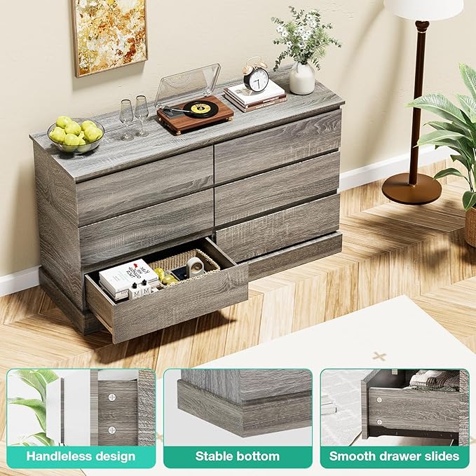 Gray Dresser for Bedroom, Modern 6 Drawer Dresser, Freestanding Wood Dressers, Wide Chest of Drawers Dressers, TV Stand with Sturdy Base Storage for Living Room, Hallway, Entryway