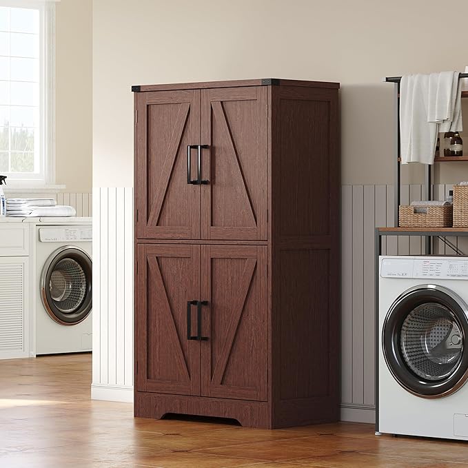 Treocho Bathroom Floor Cabinet, Farmhouse Bathroom Storage Cabinet with Doors and Adjustable Shelves, Freestanding Kitchen Pantry Cabinet, Cupboard for Living Room, Dining Room, Walnut