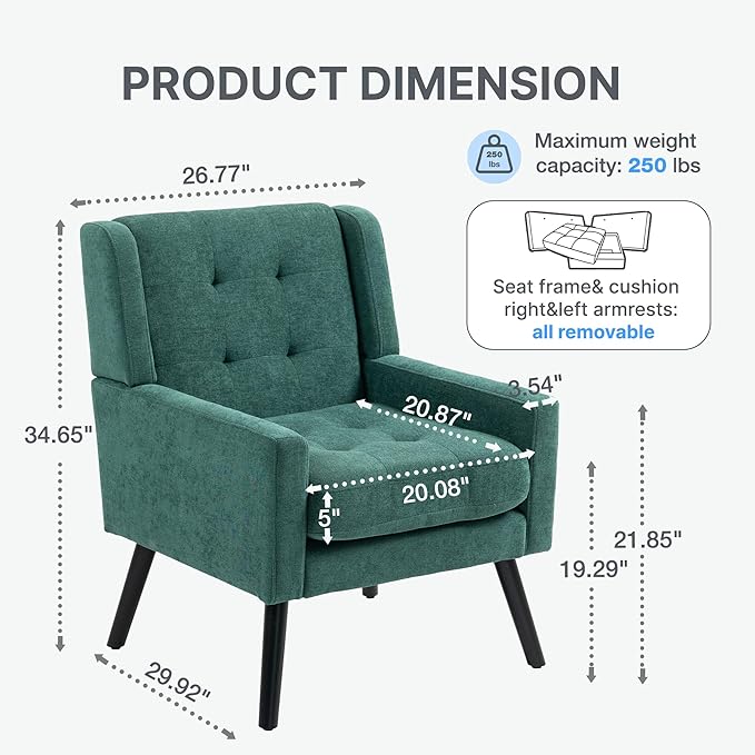Mid-Century Modern Accent Chair Set of 2, Plush Linen Fabric with Button Tufted High Back & 5" Thick Cushion, High Comfort Reading Chair for Living Room, Bedroom, Office (Green)