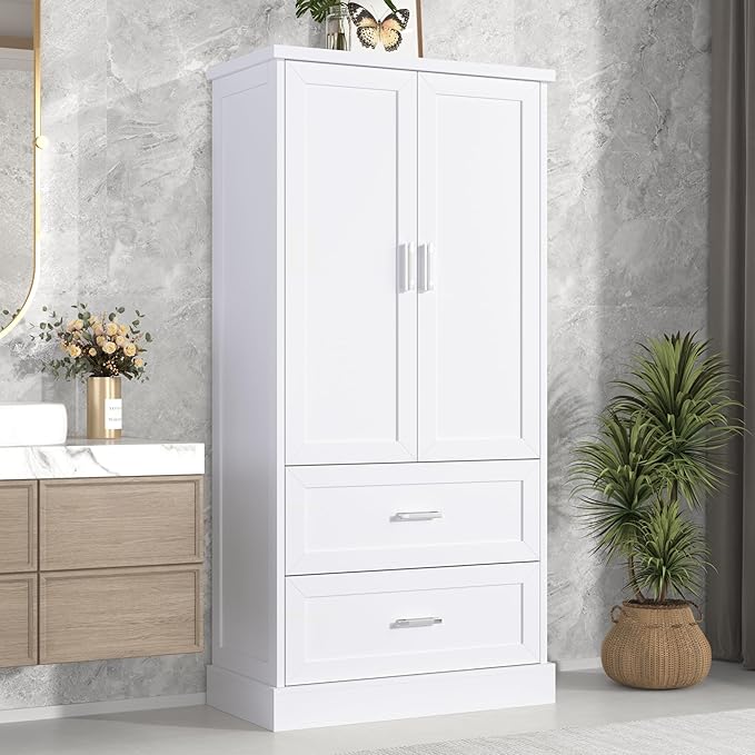 Polibi Tall Storage Cabinet with 2 Doors, 2 Drawers, 4-Tier Storage Racks of Each Door, Adjustable Shelf, Floor Free-Standing Cabinet for Bathroom, Living Room, MDF, White