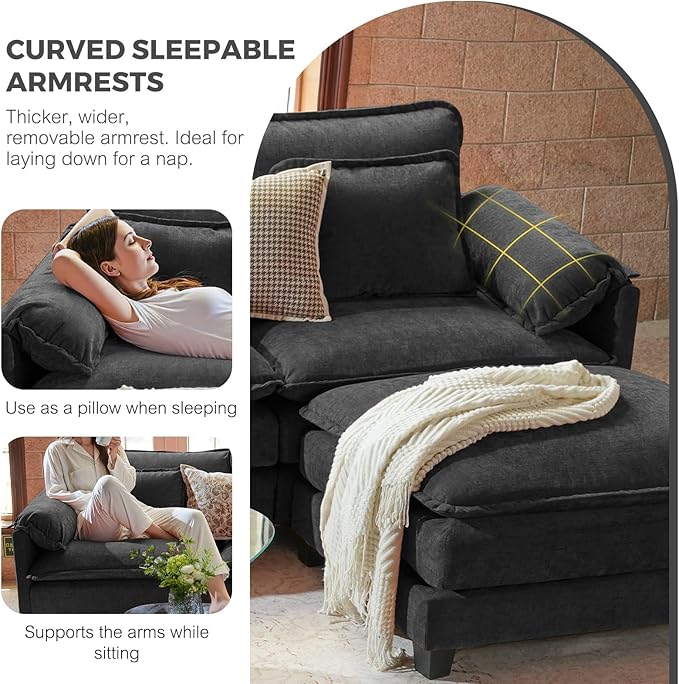ELUCHANG Oversized 116" Modular Sectional Sofa, Comfy Cloud Couch, U Shaped Deep Seat Sofa Couches for Living Room, 5-Seater Modern Sofa with Movable Ottoman, DIY Combination - Chenille Black
