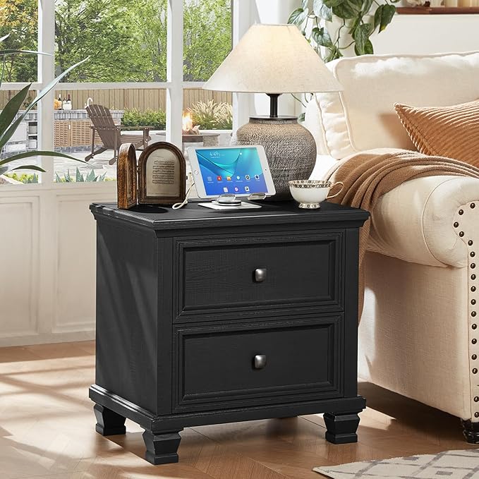 Farmhouse Nightstand Set of 2, Rustic Low Nightstands with 2 Drawers & Charging Station, Vintage Night Stands with 4 Square Solid Wood Legs, Small Dresser for Bedroom, Home, Black