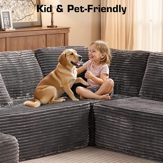 146'' Oversized Boneless Sectional Couch, U Shaped Cloud Couches with Chaise & Ottoman, Plush Corduroy 8 Seater Deep Seat Modular Sofa Sets for Living Room, No Assembly Required, Gray