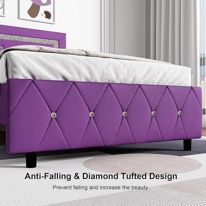 BarnFurin Twin Bed Frame with Headboard, Upholstered Bed with Diamond Tufted Design, No Box Spring Needed, Wooden Slats Support, Easy Assembly, Purple