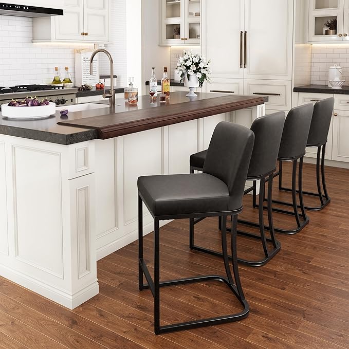 PHI VILLA Dark Grey Bar Stools Set of 4, Faux Leather Counter Height Chairs, Kitchen Stools for Island, 24 Inch Barstools with Back