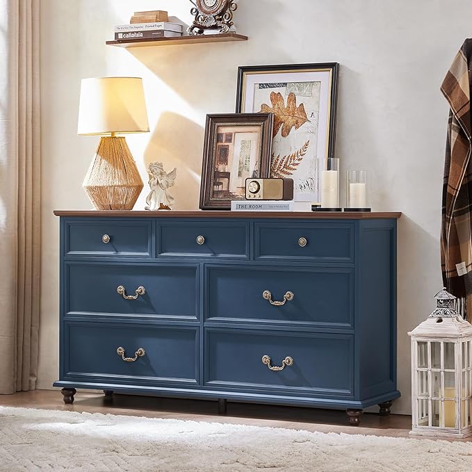 Farmhouse Dresser and Nightstand Sets, Wooden 7 Drawers Dresser & 24" Night Stand with 3 Drawers, 2 Piece Bedroom Furniture Set, Chest of Drawers for Bedroom, Home, Living Room, Hallway