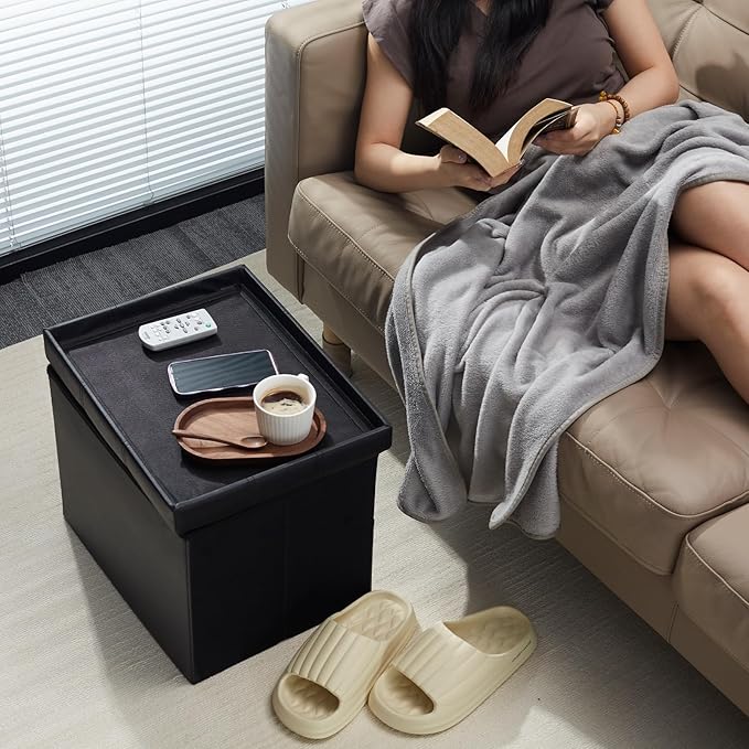 AmasSmile 2PC Storage Ottoman Folding Foot Rest Stool with Side Pocket, 16 inch Leather Footstool Bench, Short Ottoman Bench, Storage Foot Rest Store, Books, Black