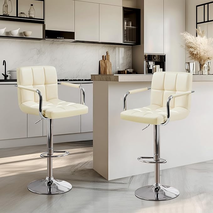 Yaheetech Bar Stools Set of 2, PU Leather Adjustable Swivel Barstools, Hydraulic Kitchen Counter Height Bar Chairs with Armrest and Back for Bar, Kitchen, Dining Room, Beige
