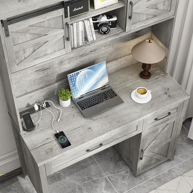 Vabches Farmhouse 47" Executive Desk, Computer Desk with Drawers and Storage Cabinet, Workstation with Hutch for Home Office